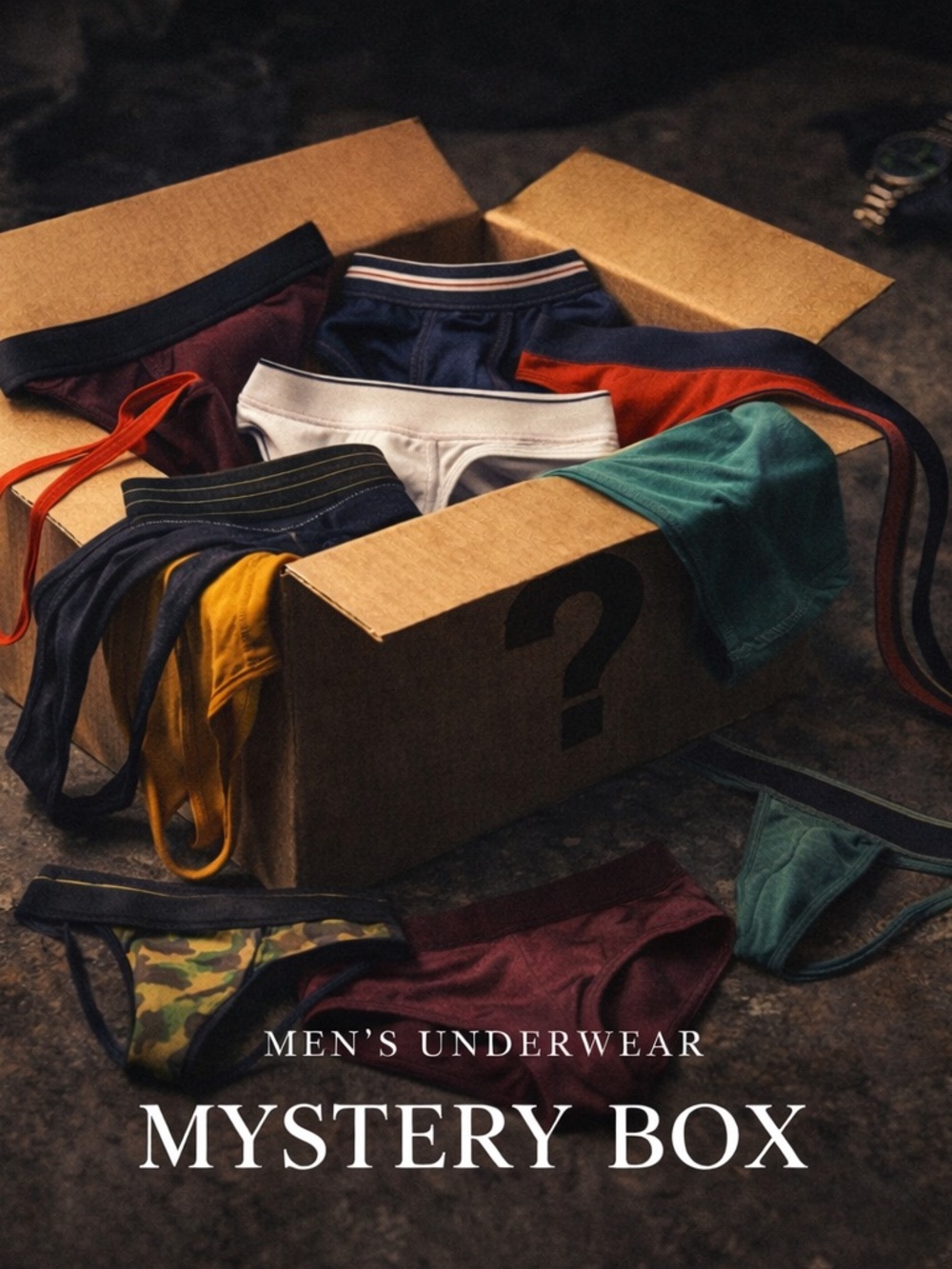 Men's Underwear Mystery Box - Box of four jocks, thongs, briefs, or boxer briefs